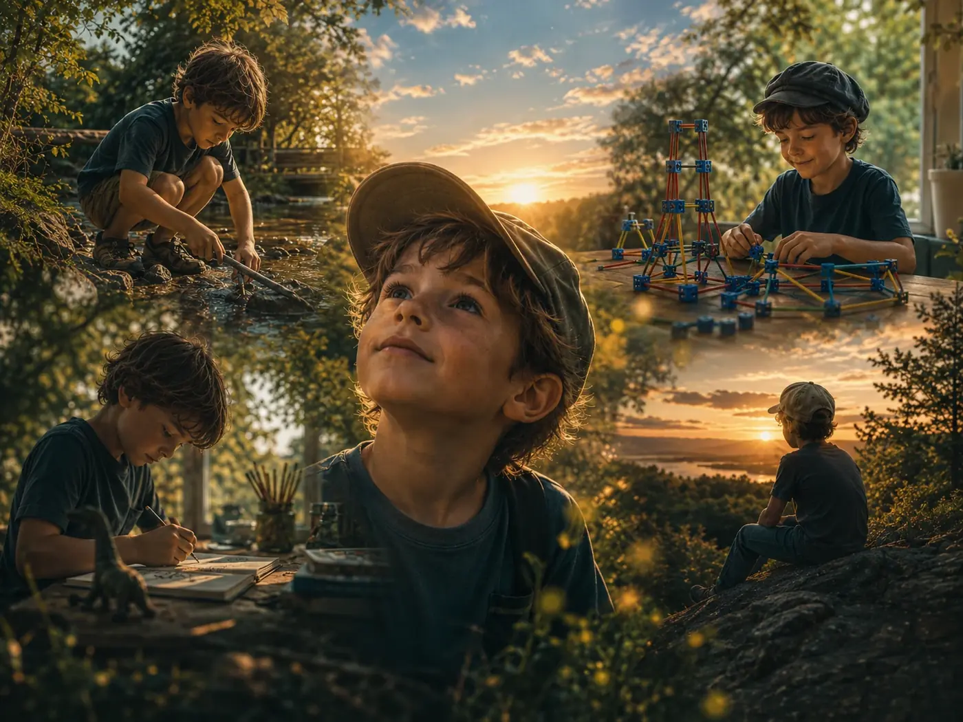 A curious boy exploring nature, drawing, building with rods and square blue connectors, and watching a sunset.