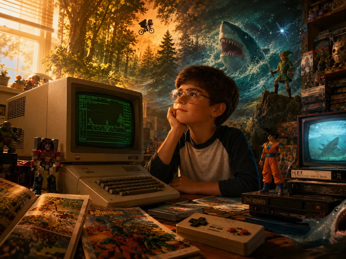 A boy at an Apple IIe-style computer surrounded by old televisions, games, VHS tapes, comics, and imaginative imagery.