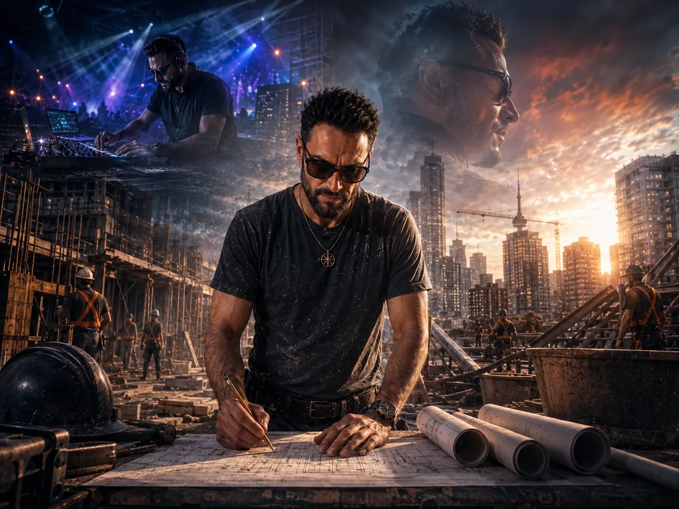 Michael with a natural build studying construction plans in Calgary, with a subtle parallel image of electronic music production.