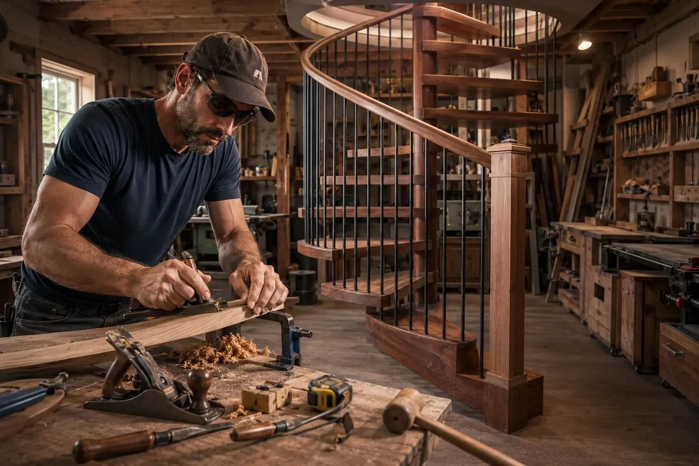 Michael with a normal lean build shaping wood at a workbench beside a completed spiral staircase.
