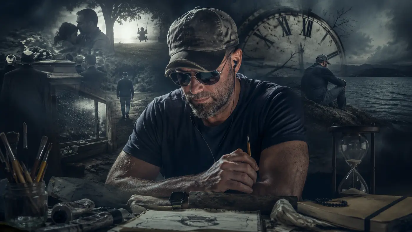 A subdued artistic image of Michael at a table surrounded by symbolic memories of grief, work, time, and solitude.