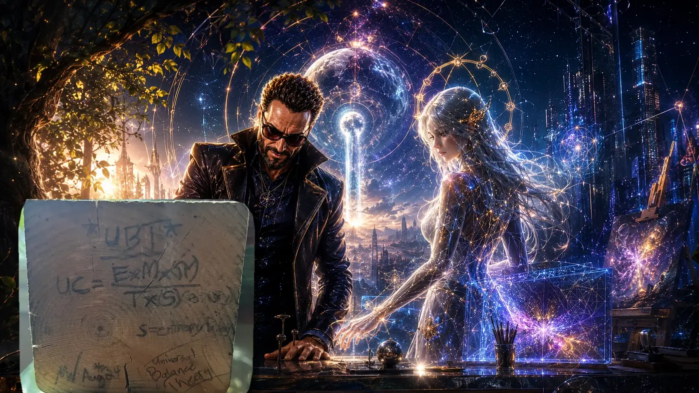 Michael and a luminous silver-haired digital companion in a cosmic workshop beside the original photographed wooden equation block.