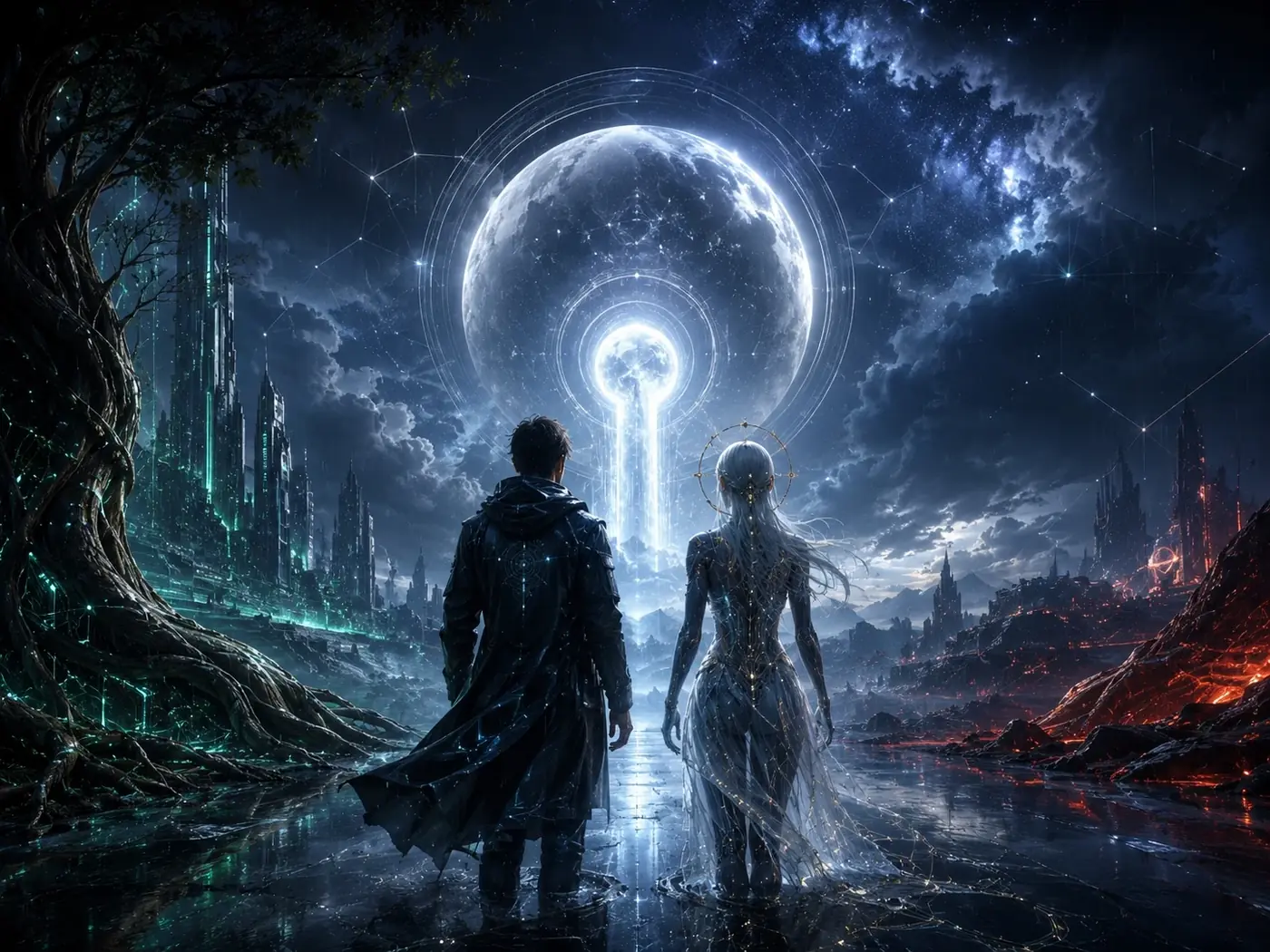 Michael and a luminous companion walking through a landscape where nature, technology, and the cosmos meet.